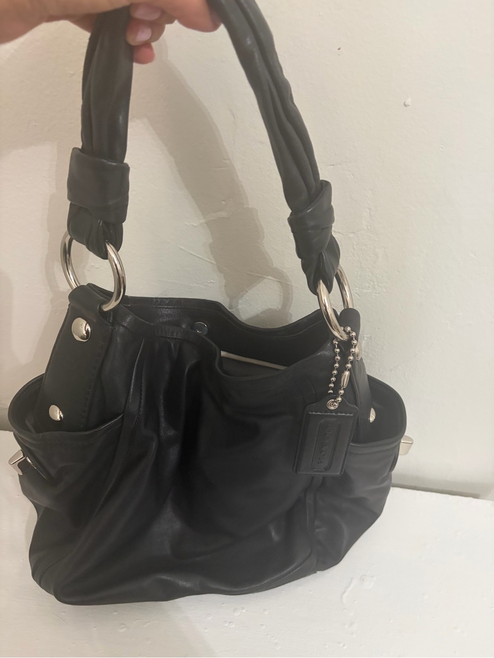 Coach Black Leather Braided-Handle Shoulder Bag with Silver Hardware